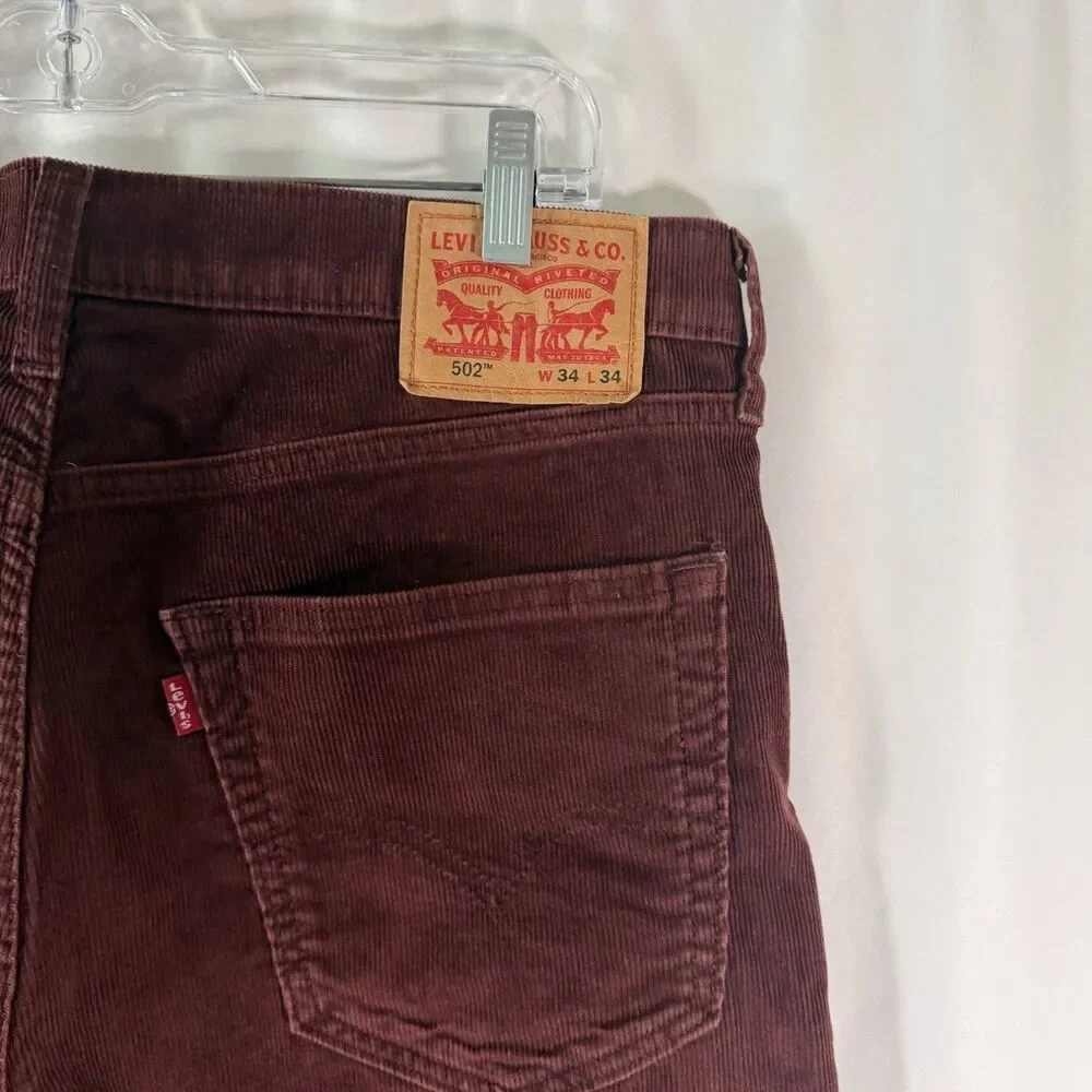 Levis 502 Corduroy Pants Men's 34x34 Red 5 Pocket Cotton Blend Button Zip